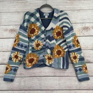 Vintage Import Workshop Floral Knit Cardigan Sweater Womens Medium Blue Gold